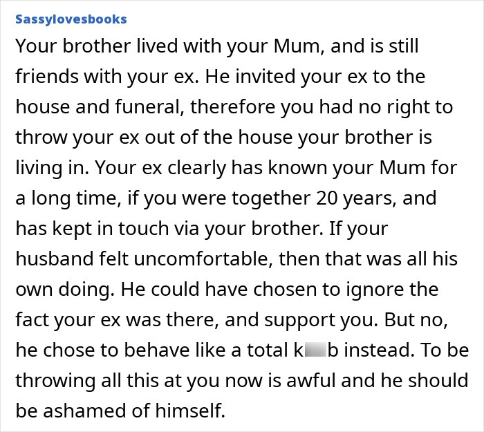 Alt text: Brother lives with mother, ex allowed at funeral, partner causes conflict over ex's presence in family home.