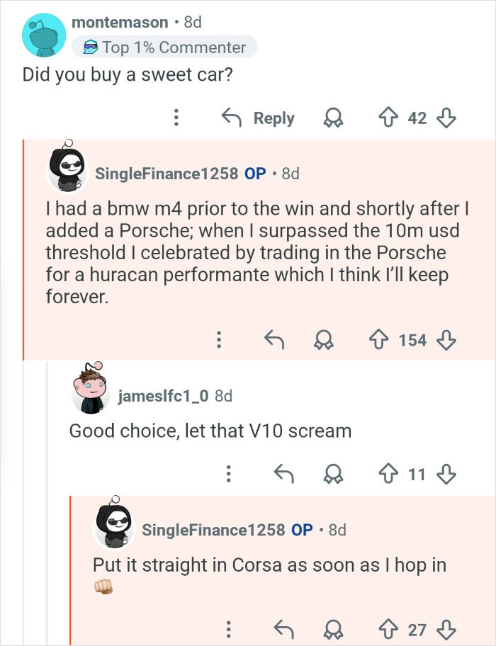 Reddit user who won $7M in the lottery shares car upgrades and life changes one year later.