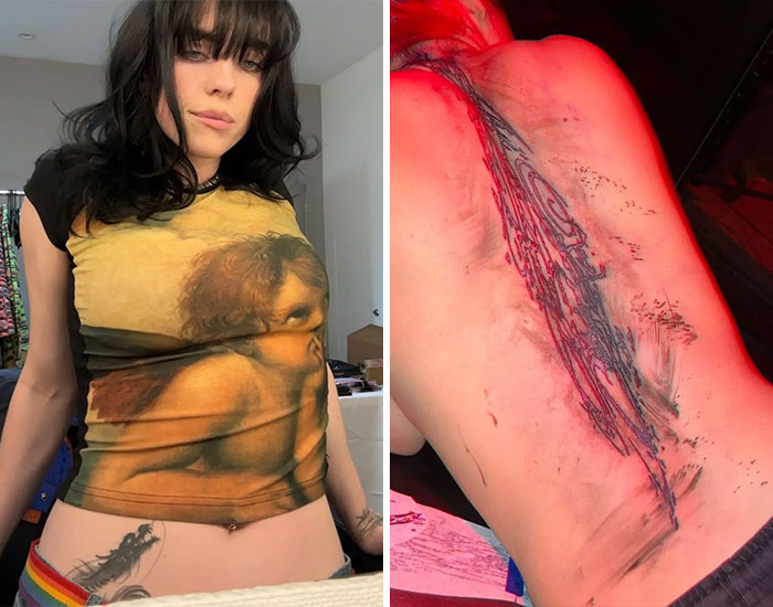 Young woman showing tattoos on her torso and back under red lighting, featuring celebrity tattoo designs and styles.