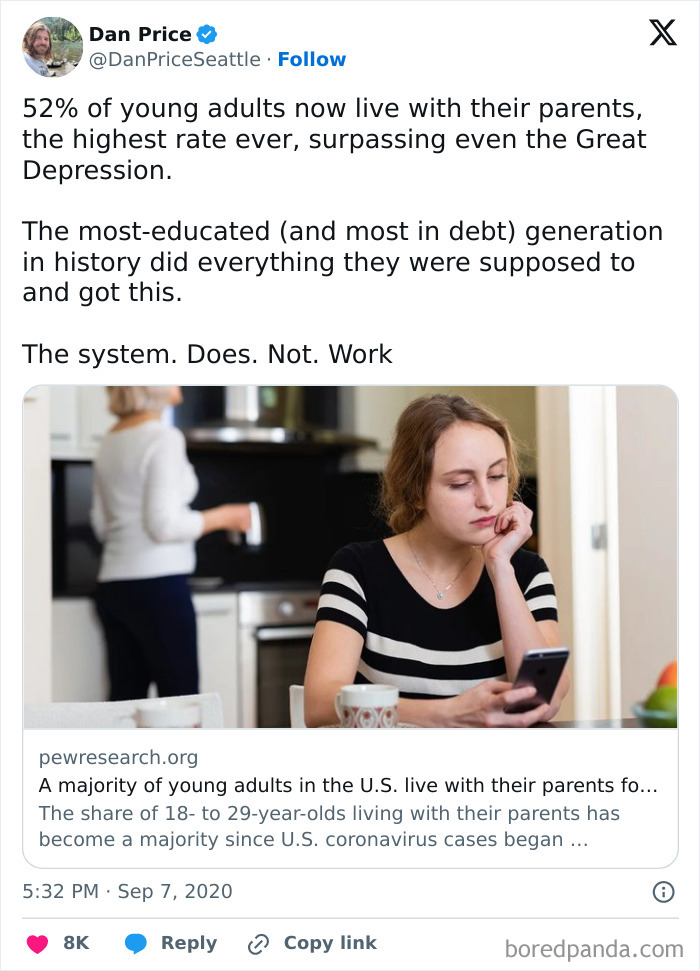 Tweet about young adults living with parents showing facepalm moments of absent basic logic and common sense.