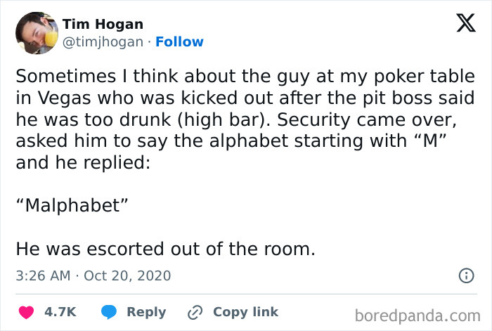 Tweet about a drunk man at a Vegas poker table doing exactly what he was asked to say the alphabet starting with M.