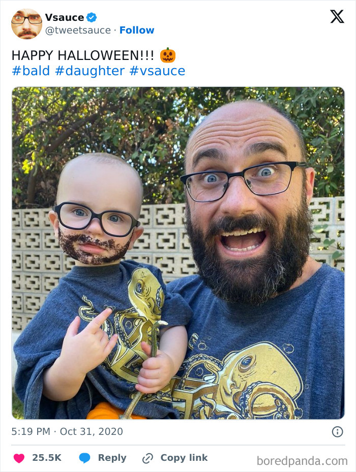 Toddler and dad in matching Halloween costumes with glasses and fake beards, celebrating Halloween magic together outdoors.