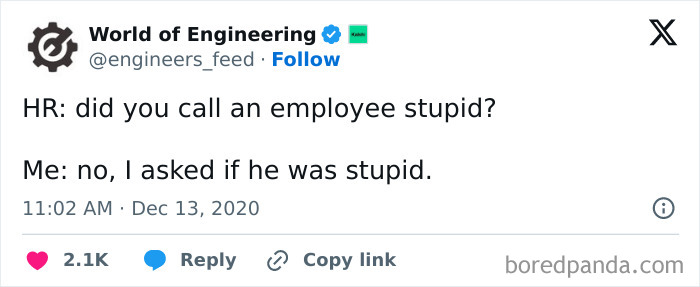 Work meme from Instagram page featuring a humorous exchange about calling an employee stupid in the office.