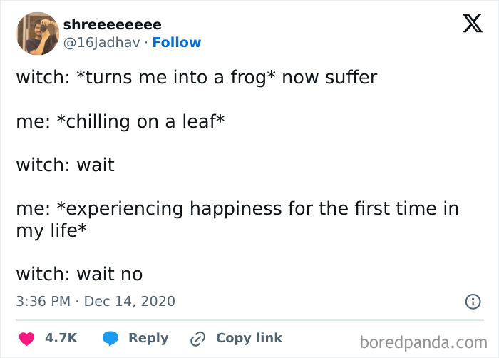 Chaotic tweet showing humorous conversation about being turned into a frog and experiencing happiness on a leaf.