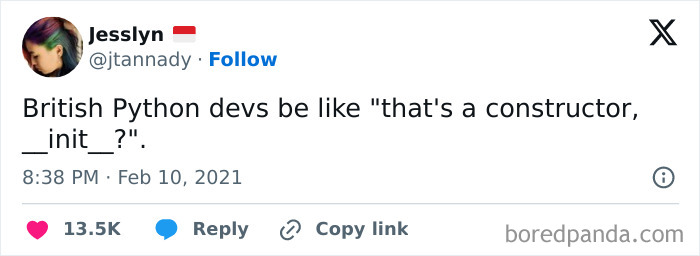 Tweet about British Python developers referencing the constructor method __init__ in programming and computer science memes.