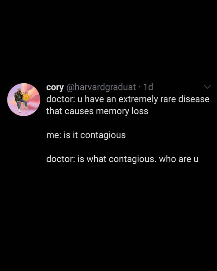 Chaotic tweet humor showing a conversation about a rare memory loss disease with confusion and wit.