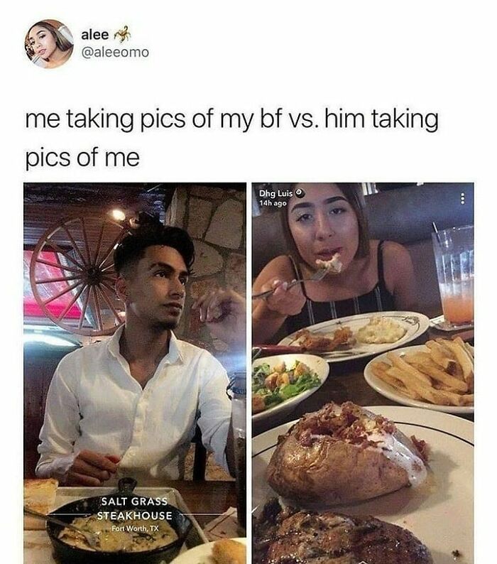 Couple humor meme showing difference between taking pics of boyfriend versus him taking pics of girlfriend.