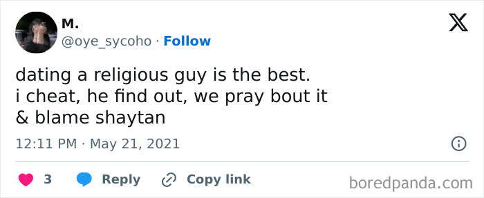 Screenshot of an unhinged tweet by a woman about dating a religious guy, shared in popular online discussions.