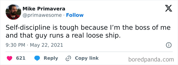 Tweet from Mike Primavera on self-discipline humor featured in prime awesome tweets collection.