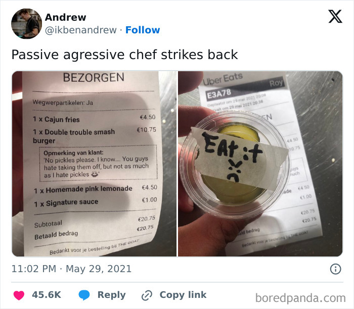 Order receipt showing a request for no pickles and a sauce container labeled with a note saying eat it, universe attempts fail.