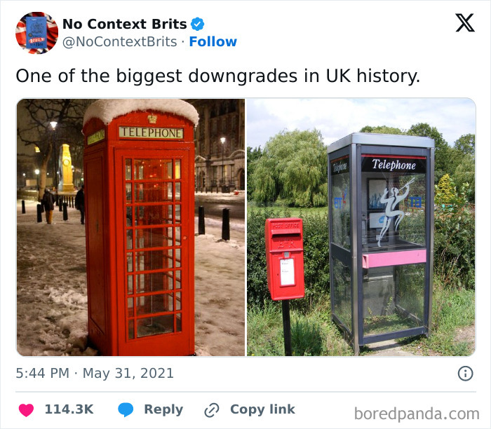 Comparison of traditional red British phone booth and modern, less appealing phone booth shown in unapologetically British memes.