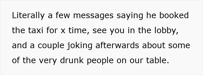 Text excerpt showing messages about booking a taxi and joking about drunk people, related to boss wife claim affair innocent worker.