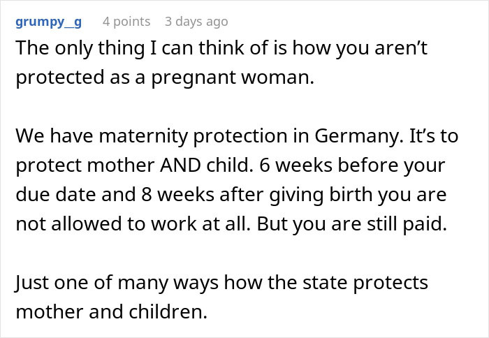 Text-based image showing a Reddit comment discussing maternity protection and rights for pregnant women in Germany.
