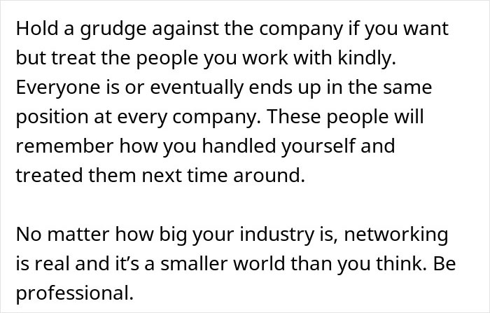 Text about holding grudges at work, emphasizing kindness, professionalism, and networking in a changing market environment.