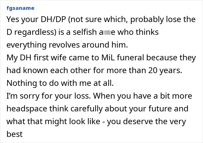 Alt text: Text discussing funeral attendance involving mother, partner, and ex-husband with relationship and loss reflections.