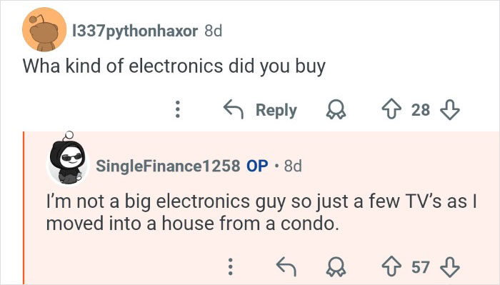 Screenshot of Reddit comments showing a lottery winner discussing electronics purchased a year after winning $7M.