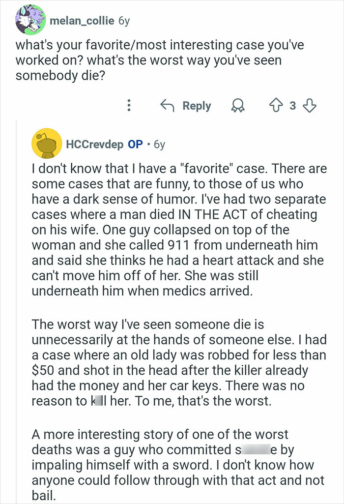 Screenshot of a social media conversation sharing interesting and sometimes crazy stories from coroners.