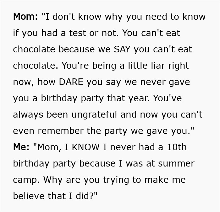 Conversation between mother and daughter revealing parents lied about food allergies, causing daughter no contact.