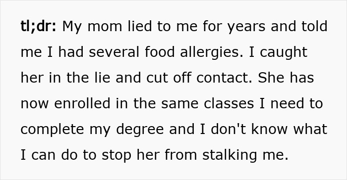 Text excerpt about parents who lied regarding food allergies to their daughter, leading to no contact and stalking concerns.