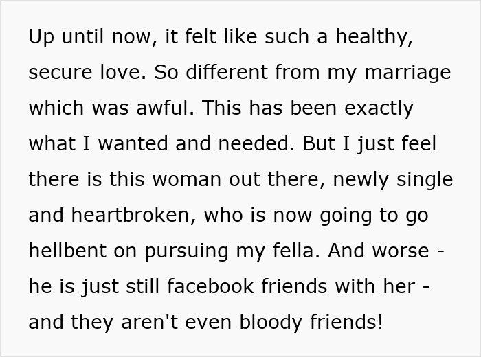 Alt text: Middle-aged woman feeling insecure about boyfriend enjoying attention from his newly-single ex on social media.