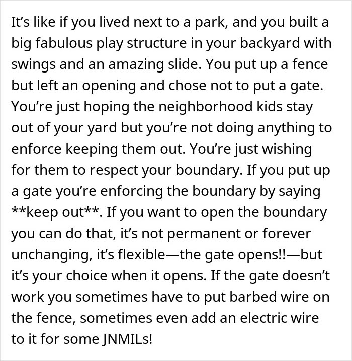 Text excerpt about new mom confronting MIL with unhinged behavior, explaining boundary enforcement using fence and gate analogy.