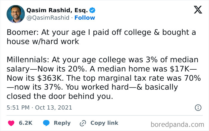 Tweet highlighting a facepalm moment about generational differences in college costs and housing affordability.