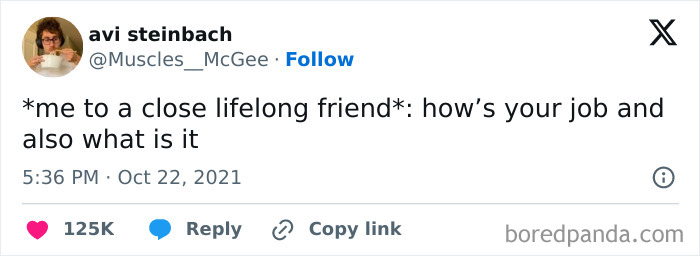 Tweet humor showing a confused question to a close friend about their job in really dumb tweets collection.