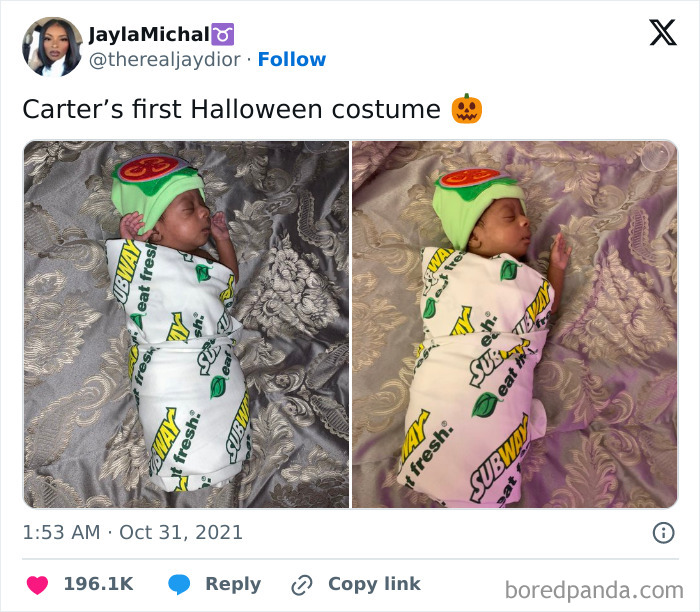 Sleeping baby dressed in a creative Subway sandwich Halloween costume among amazing kids' Halloween costume ideas.