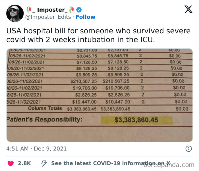 USA hospital bill showing $3,383,860.45 patient responsibility, highlighting harsh realities of American healthcare costs.