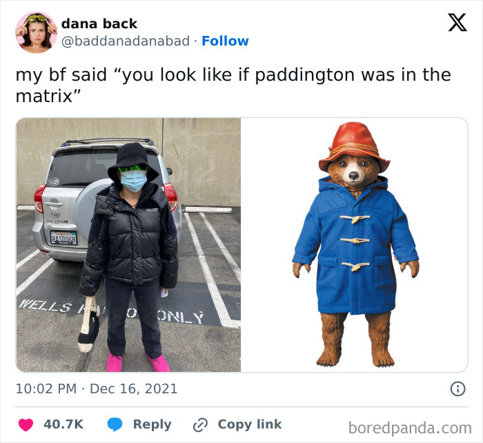 Tweet showing a person dressed like Paddington Bear in a Matrix-style outfit, shared in hilarious tweets collection.