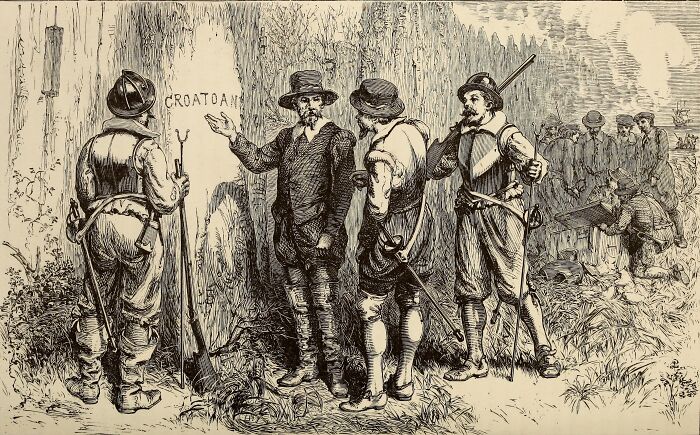 Historic illustration of explorers examining the Croatoan mystery, one of the baffling mysteries that once puzzled the world.