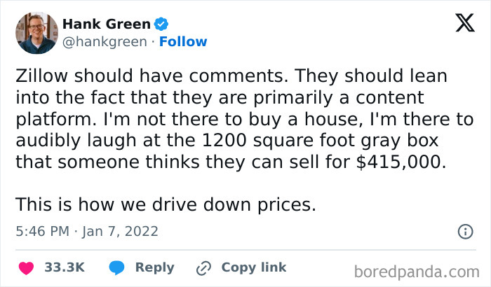Tweet by Hank Green humorously criticizing real estate listings, featured in funny and random Thunder Dungeon memes.
