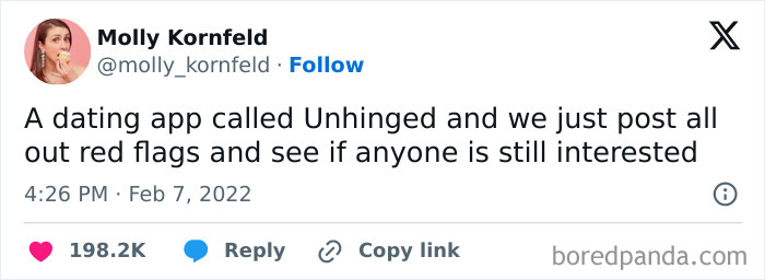 Funny and relatable meme text about a dating app named Unhinged where users post all red flags to test interest.