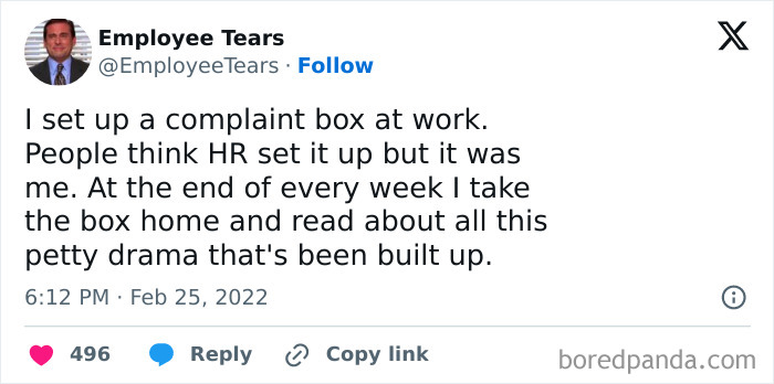Tweet from a work meme page about setting up a complaint box to collect relatable workplace drama weekly.