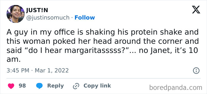 Screenshot of a relatable work meme from an Instagram page sharing funny office moments about protein shakes and margaritas.