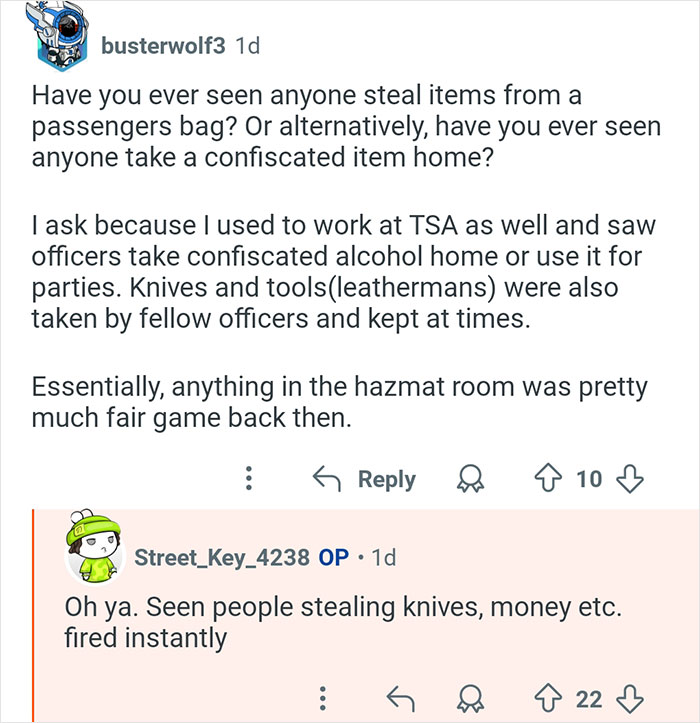 Reddit conversation about TSA worker experiences revealing confiscated items and theft risks during security checks.