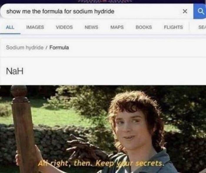 Funny and random meme from Thunder Dungeon showing a search for sodium hydride formula with a humorous reaction.