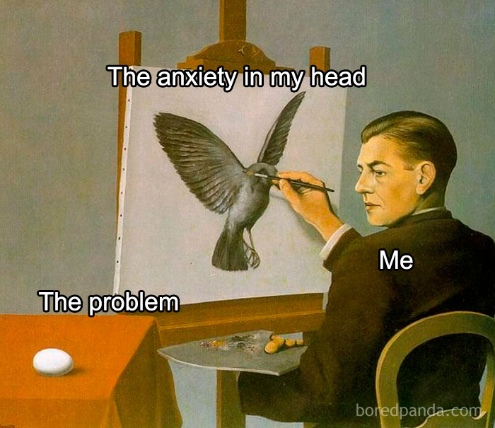 Man painting a bird labeled anxiety in my head, with an egg labeled the problem, humorous modern caption on old painting.