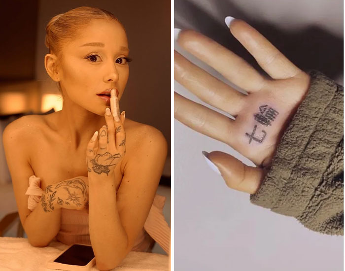 Female celebrity showing various hand and arm tattoos in warm indoor lighting and a close-up of a hand tattoo in black ink.