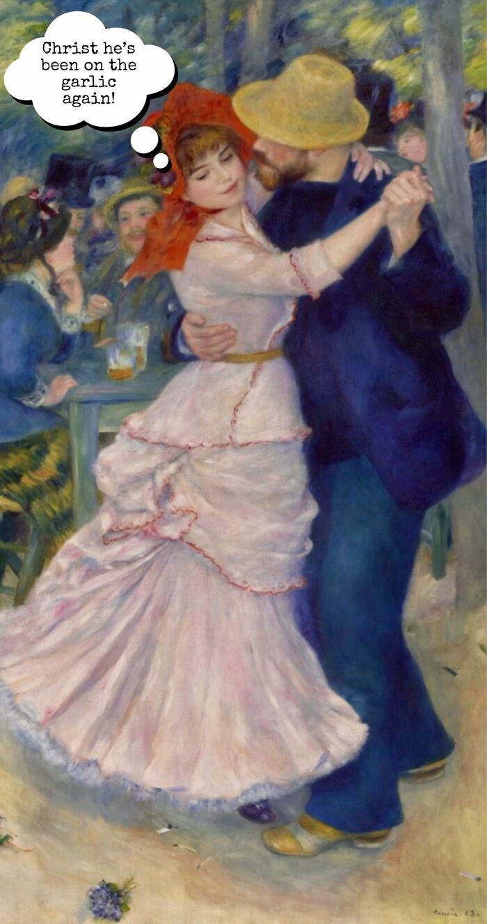 Classical painting of a couple dancing with a humorous caption, part of classical paintings cleverly captioned memes.