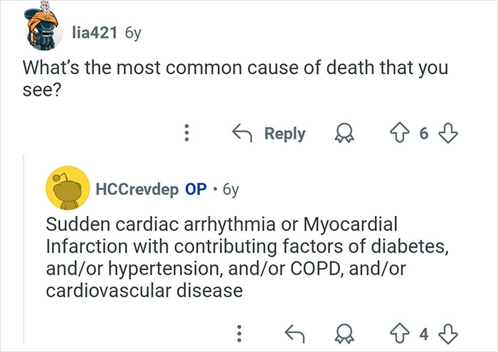 Reddit Q&A on common causes of death from coroners, including cardiac arrhythmia and cardiovascular disease.