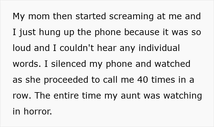 Text message describing a tense phone call after parents lied about food allergies, leading to no contact with daughter.