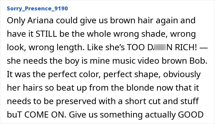 Fan reaction criticizing Ariana Grande&rsquo;s dramatic new look with brown hair, highlighting backlash and disappointment.