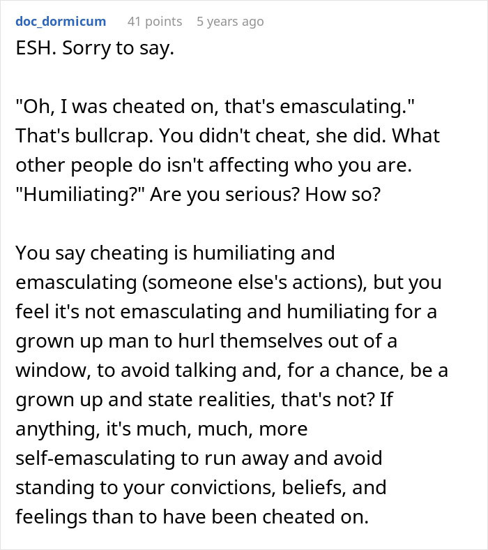 Comment discussing emasculation and humiliation after a guy runs out the window following his mom&rsquo;s attempt to reconcile him with his ex-fianc&eacute;.