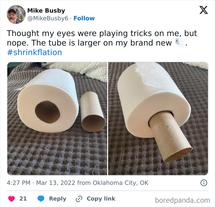 Two images showing a toilet paper roll with a larger tube compared to an empty smaller cardboard tube, illustrating sneakflation.