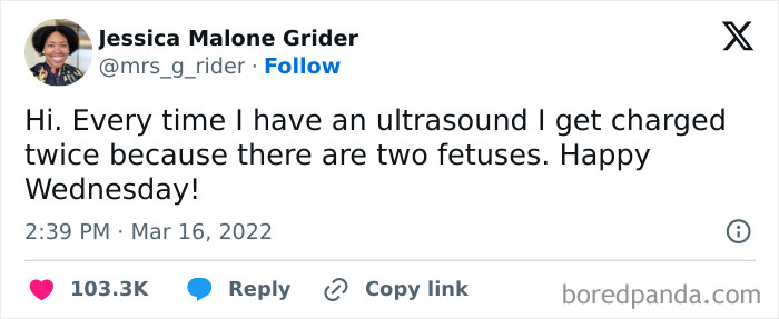 Tweet by Jessica Malone Grider sharing the harsh realities of American healthcare with costly ultrasound charges for twin fetuses.