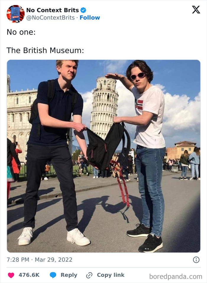Two young men humorously pretending to carry the Leaning Tower of Pisa with a backpack, British memes and posts humor.