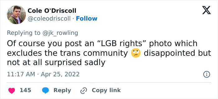 Screenshot of a tweet discussing user bets on J.K. Rowling as a closet lesbian and the controversial response reaction.