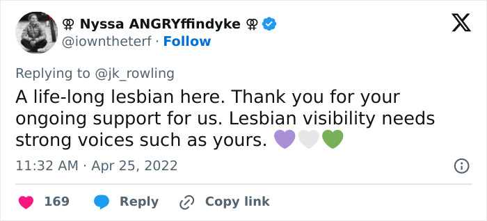 Tweet reply to J.K. Rowling from user discussing lesbian visibility and expressing gratitude for support.