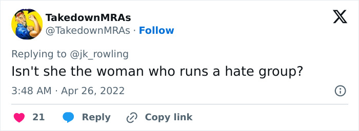 Screenshot of a tweet replying to J.K. Rowling, referencing her and sparking humorous reactions online.